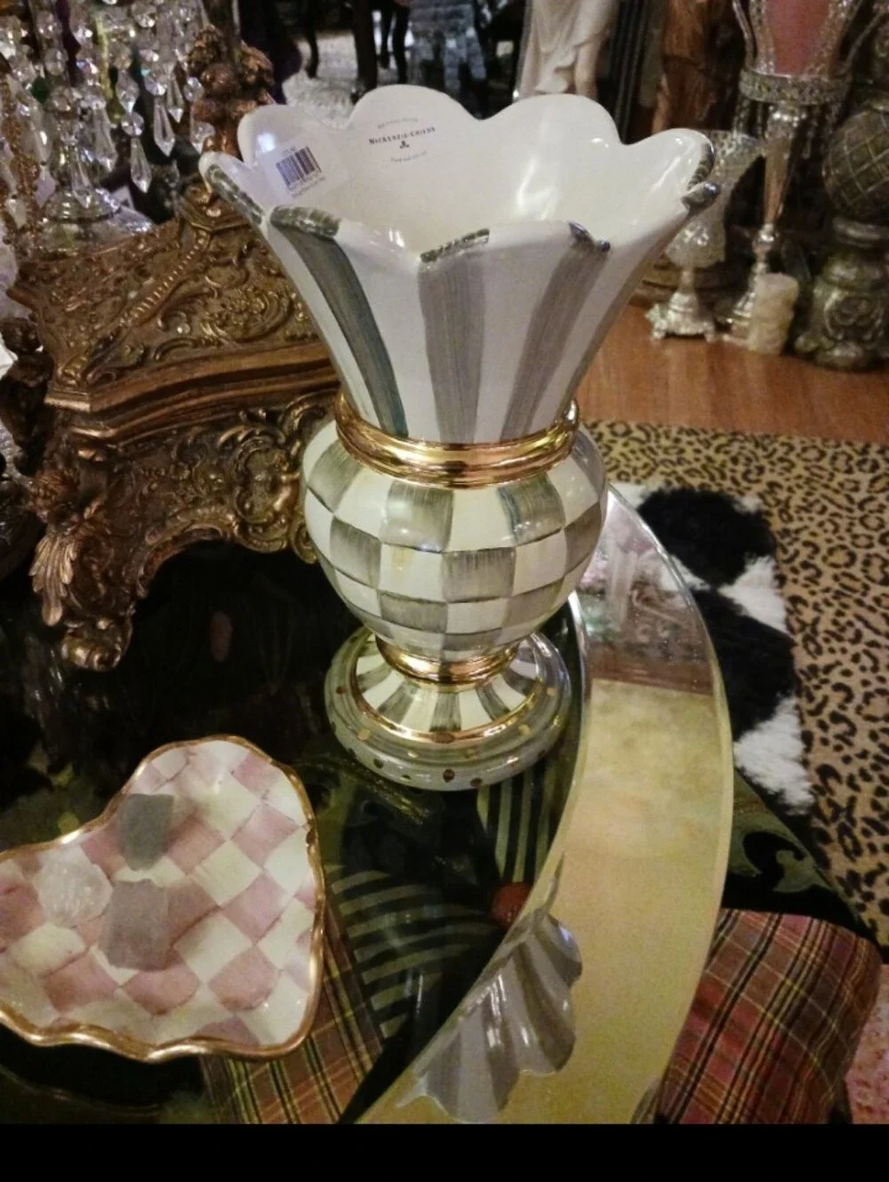 Mackenize Hand-Painted White & Sterling Checkered Ceramic Vase - Elegant  Accent